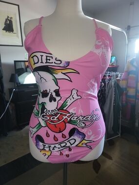 Ed Hardy NWT Pink Skull One Piece Swimsuit & Mesh Cover Up Bundle 2X 3X Y2K